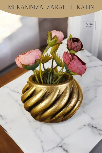 Stein Kohle Dekoratif Saksı Minik Kaktüs Saksısı Altın Eskitme Renk 1 Adet Kalın Çizgili Spiral Model - Resim 3