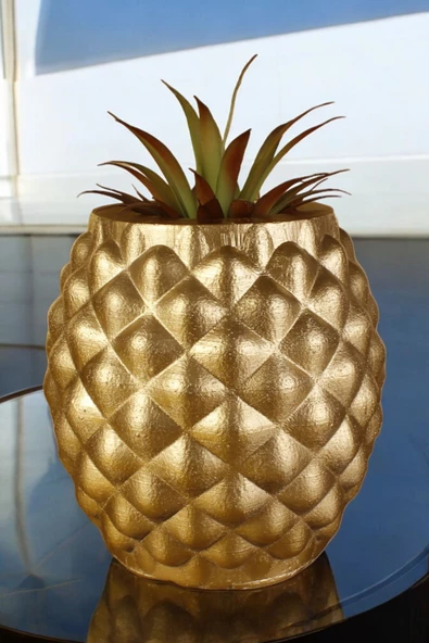 Stein Kohle Ayaklı Saksı Ahşap Büyük Boy 1 Adet Altın Renk Uygulamalı Ananas Model ürün görseli