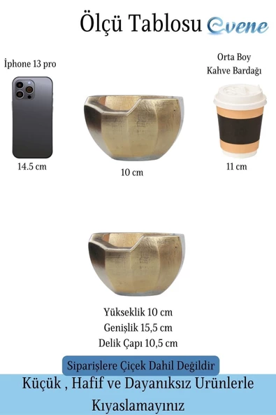 Evene Saksı Çiçek Kaktüs Saksısı Lüx 15 Cm Altın Eskitme Varak Boyalı Önü Açık Desen Saksı Çiçeklik - Resim 2