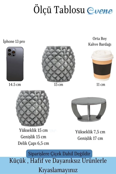 Evene Ahşap Ayaklı Beton Saksı Büyük Boy 1 Adet Gümüş Varak Boyalı Eskitmeli Ananas Model - Resim 2