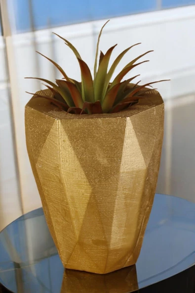 Stein Kohle Çiçek Saksısı Dekoratif Kaktüs Saksı 1 Adet Altın Renk Uygulamalı Uzun Poly Model ürün görseli 1