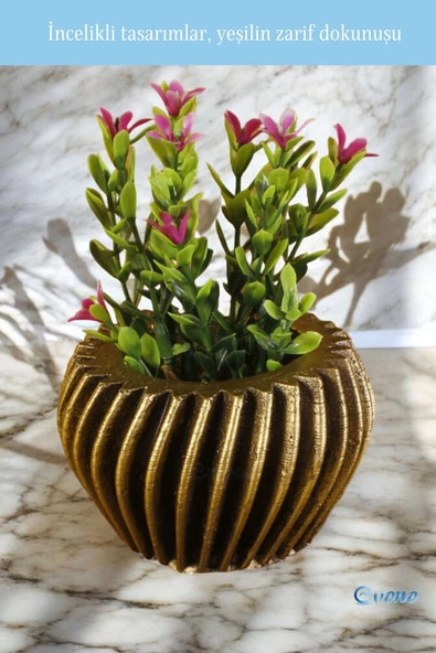 Evene Mini Çiçek Saksı Küçük Sukulent Altın Eskitme Kaktüs Saksısı Derin Çizgili Spiral Model - Resim 5