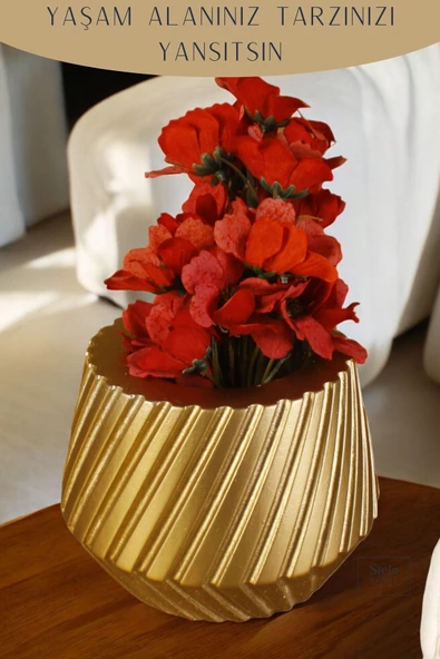 Stein Kohle Çiçek Saksısı Dekoratif Kaktüs Saksı 1 Adet Altın Renk Uygulamalı Dişli Model - Resim 3