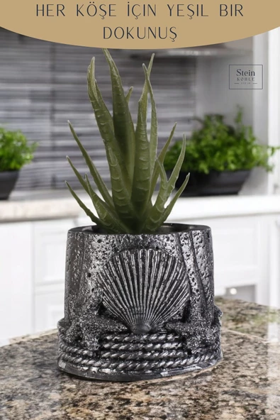 Stein Kohle Dekoratif Saksı Minik Kaktüs Saksısı Gümüş Eskitme Renk 1 Adet Deniz Ürünlü Model - Resim 4