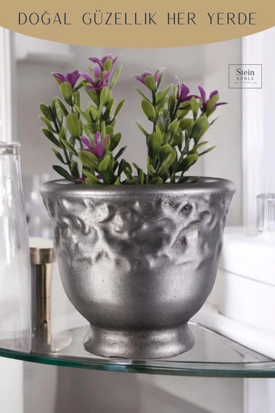 Stein Kohle Dekoratif Saksı Minik Kaktüs Saksısı Gümüş Eskitme Renk Model 31 - Resim 5