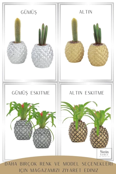 Stein Kohle Çiçek Saksısı Büyük Boy 1 Adet Gümüş Renk Uygulamalı Ananas Model - 5