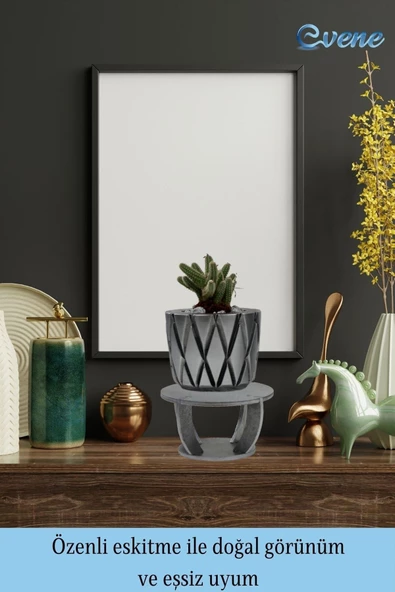 Evene Ahşap Ayaklı Beton Saksı Büyük Boy 1 Adet Gümüş Varak Boyalı Eskitmeli Baklava Model - Resim 8