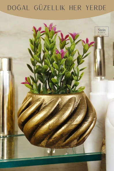 Stein Kohle Dekoratif Saksı Minik Kaktüs Saksısı Altın Eskitme Renk 1 Adet Kalın Çizgili Spiral Model - Resim 5