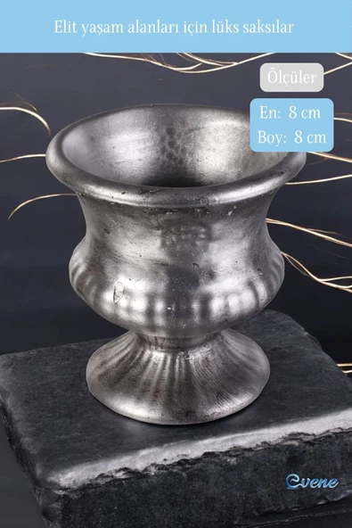 Evene Saksı Dekoratif Saksı Kaktüs Saksısı Sukulent Saksısı Küçük Saksı Model 33 Gümüş Eskitme Saksı - Resim 2