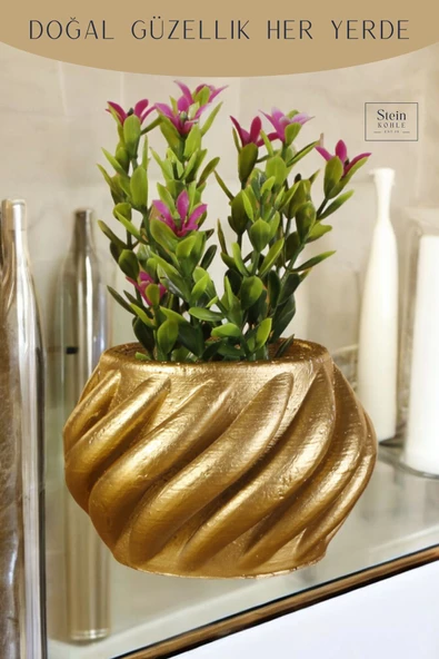 Stein Kohle Dekoratif Saksı Minik Kaktüs Saksısı Altın Renk 1 Adet Kalın Çizgili Spiral Model - Resim 5