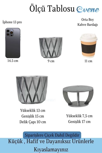 Evene Ahşap Ayaklı Beton Saksı Büyük Boy 1 Adet Gümüş Varak Boyalı Eskitmeli Baklava Model - Resim 2