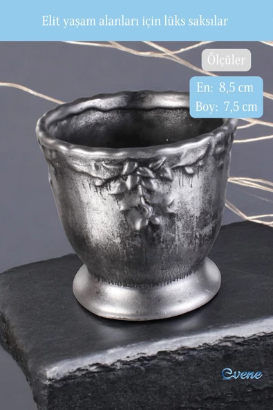 Evene Saksı Dekoratif Saksı Kaktüs Saksısı Sukulent Saksısı Küçük Saksı Model 32 Gümüş Eskitme Saksı - Resim 2