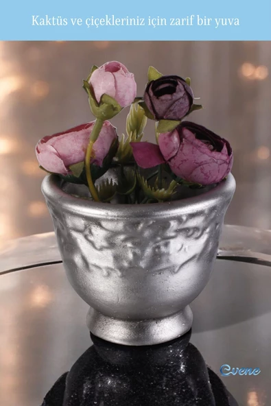 Evene Saksı Dekoratif Saksı Kaktüs Saksısı Sukulent Saksısı Küçük Saksı Model 31 Gümüş Eskitme Saksı - Resim 4