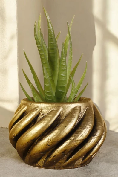 Stein Kohle Dekoratif Saksı Minik Kaktüs Saksısı Altın Eskitme Renk 1 Adet Kalın Çizgili Spiral Model ürün görseli 1