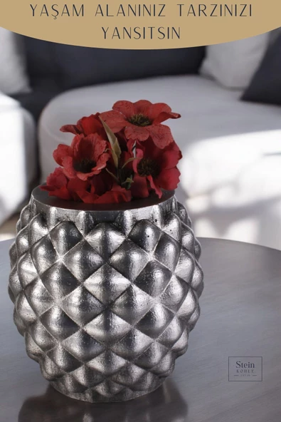 Stein Kohle Ayaklı Saksı Ahşap Büyük Boy 1 Adet Gümüş Renk Eskitme Uygulamalı Ananas Model - Resim 3