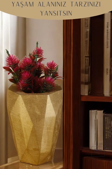 Stein Kohle Çiçek Saksısı Dekoratif Kaktüs Saksı 1 Adet Altın Renk Uygulamalı Uzun Poly Model - Resim 4