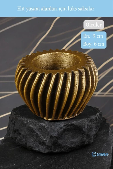 Evene Mini Çiçek Saksı Küçük Sukulent Altın Eskitme Kaktüs Saksısı Derin Çizgili Spiral Model - Resim 2