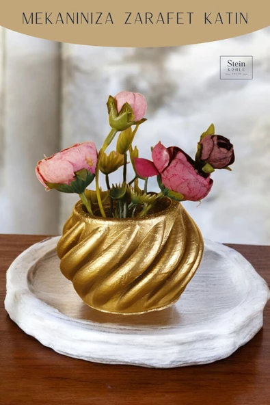 Stein Kohle Dekoratif Saksı Minik Kaktüs Saksısı Altın Renk 1 Adet Kalın Çizgili Spiral Model - Resim 3