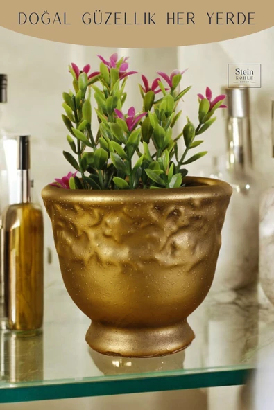 Stein Kohle Dekoratif Saksı Minik Kaktüs Saksısı Altın Eskitme Renk Model 31 - Resim 6