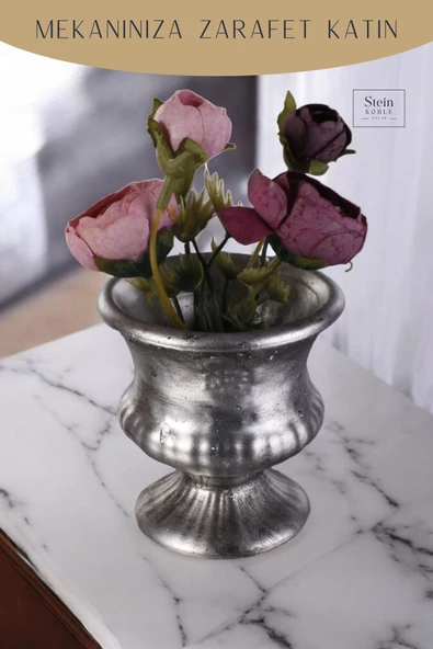 Stein Kohle Dekoratif Saksı Minik Kaktüs Saksısı Gümüş Eskitme Renk Model 33 - Resim 3