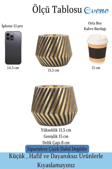 Evene Saksı Çiçek Kaktüs Saksısı Lüx 15 Cm Altın Eskitme Varak Boyalı Dişli Desen Saksı Çiçeklik - Resim 2
