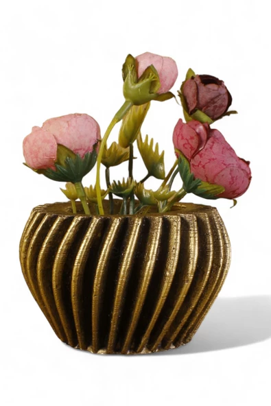 Evene Mini Çiçek Saksı Küçük Sukulent Altın Eskitme Kaktüs Saksısı Derin Çizgili Spiral Model ürün görseli 1