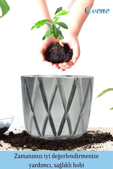 Evene Ahşap Ayaklı Beton Saksı Büyük Boy 1 Adet Gümüş Varak Boyalı Eskitmeli Baklava Model - Resim 4