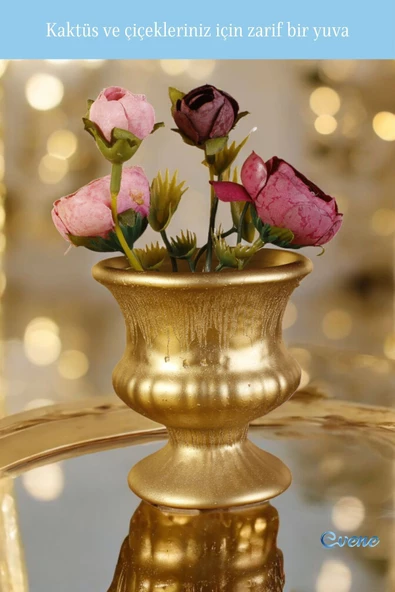 Evene Saksı Dekoratif Saksı Kaktüs Saksısı Sukulent Saksısı Küçük Saksı Model 33 Altın Saksı - Resim 4