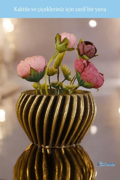 Evene Mini Çiçek Saksı Küçük Sukulent Altın Eskitme Kaktüs Saksısı Derin Çizgili Spiral Model - Resim 4