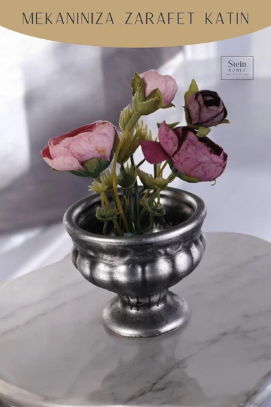 Stein Kohle Dekoratif Saksı Minik Kaktüs Saksısı Gümüş Eskitme Renk Model 34 - Resim 3