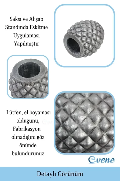 Evene Ahşap Ayaklı Beton Saksı Büyük Boy 1 Adet Gümüş Varak Boyalı Eskitmeli Ananas Model - Resim 3