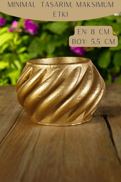 Stein Kohle Dekoratif Saksı Minik Kaktüs Saksısı Altın Renk 1 Adet Kalın Çizgili Spiral Model - Resim 2