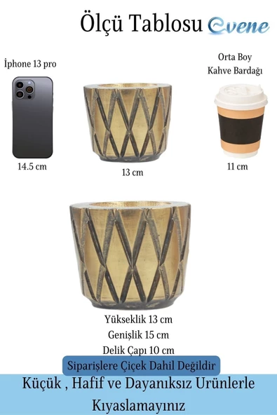 Evene Saksı Çiçek Kaktüs Saksısı Lüx 15 Cm Altın Eskitme Varak Boyalı Baklava Desen Saksı Çiçeklik - 2