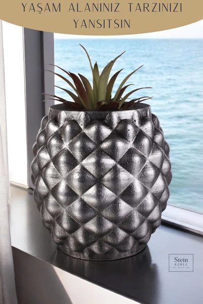 Stein Kohle Ayaklı Saksı Ahşap Büyük Boy 1 Adet Gümüş Renk Eskitme Uygulamalı Ananas Model - Resim 5