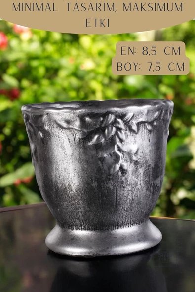 Stein Kohle Dekoratif Saksı Minik Kaktüs Saksısı Gümüş Eskitme Renk Model 32 - Resim 2