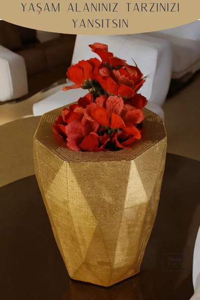 Stein Kohle Çiçek Saksısı Dekoratif Kaktüs Saksı 1 Adet Altın Renk Uygulamalı Uzun Poly Model - Resim 3