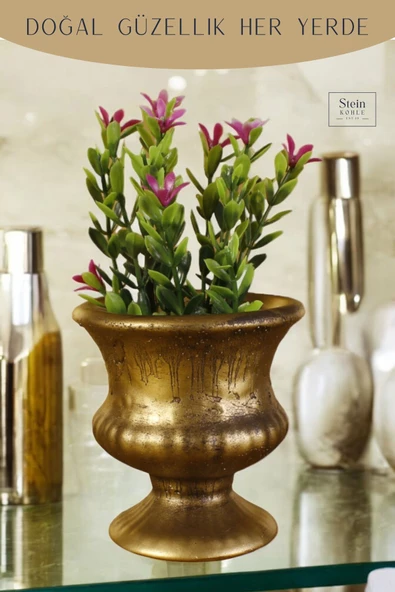 Stein Kohle Dekoratif Saksı Minik Kaktüs Saksısı Altın Eskitme Renk Model 33 - Resim 5