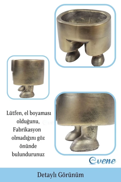 Evene Saksı Çiçek Kaktüs Saksısı Lüx 13 Cm Altın Eskitme Varak Boyalı Pantolon Desenli 3'lü Set Çiçeklik - 3