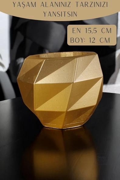 Stein Kohle Çiçek Saksısı Dekoratif Kaktüs Saksı 1 Adet Altın  Renk Uygulamalı Dönen Poly Model - 2