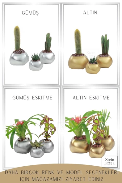 Stein Kohle Çiçek Saksısı Büyük Boy 3 Adet Gümüş Renk Uygulamalı Spiral Oval Model - Resim 5