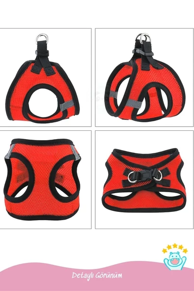 Pandogo Kedi Köpek Tasması Reflektörlü Fileli Hava Alan Kumaş Sevk Kayışlı Kedi Gezdirme Tasması Kırmızı M - Resim 3