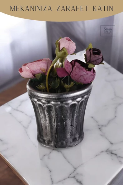 Stein Kohle Dekoratif Saksı Minik Kaktüs Saksısı Gümüş Eskitme Renk Model 40 - Resim 3