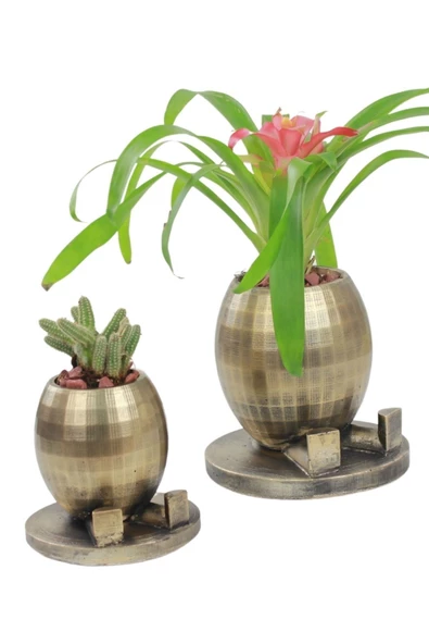 Evene Saksı Çiçek Kaktüs Saksısı Lüx 17 Cm Altın Eskitme Varak Boyalı Yuvarlak Ayaklı Saksı 2'li Çiçeklik ürün görseli