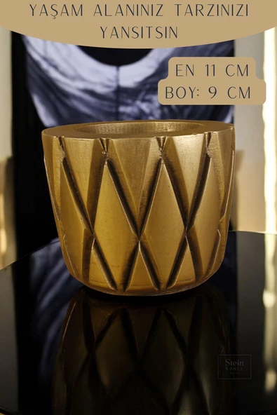 Stein Kohle Çiçek Saksısı Dekoratif Kaktüs Saksı 1 Adet Altın Eskitme Renk Uygulamalı Baklava Model - Resim 2