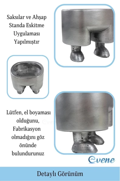 Evene Ahşap Ayaklı Beton Saksı Büyük Boy Set 3 Adet Gümüş Varak Boyalı Eskitmeli Pantolon Model - 3