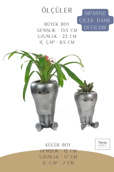 Stein Kohle Çiçek Saksısı Büyük Boy 2 Adet Gümüş Renk Eskitme Uygulamalı Havuç Model - Resim 2