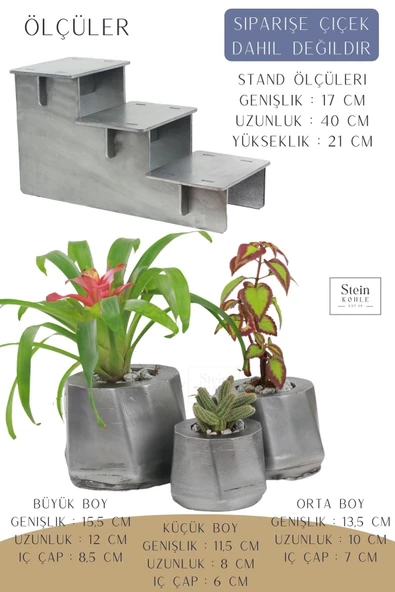 Stein Kohle Ayaklı Saksı Ahşap Büyük Boy 3 Adet Gümüş Renk Eskitme Uygulamalı Kalın Çizgi Model - 2