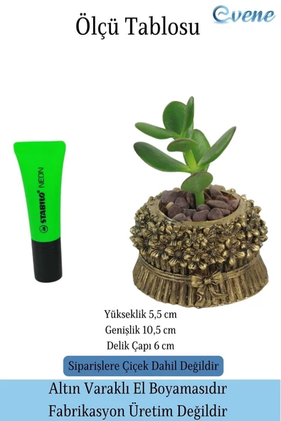 Evene Mini Çiçek Saksı Küçük Sukulent Altın Eskitme Kaktüs Saksısı Çiçekli Fiyonklu Model - Resim 2