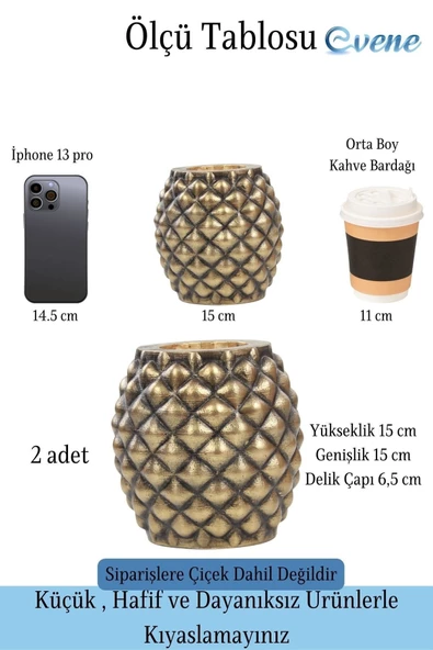 Evene Saksı Çiçek Kaktüs Saksısı Lüx 15 Cm Altın Eskitme Varak Boyalı Ananas Desenli 2'li Set Çiçeklik - 2