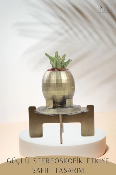 Stein Kohle Ayaklı Saksı Ahşap Büyük Boy 1 Adet Altın Renk Eskitme Uygulamalı Ayaklı Yuvarlak Model - Resim 4